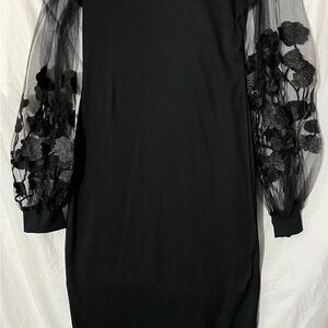 SHEIN Black Long Sleeve Dress with Sheer Floral Mesh Sleeves